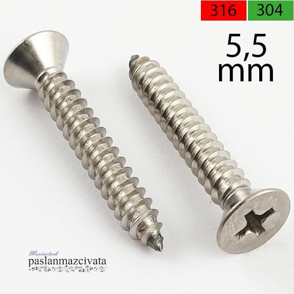 5,5mm Paslanmaz YHB Saç Vidası Çeşitleri DIN7982 A4 AISI 316 KALİTE - 5,5x25